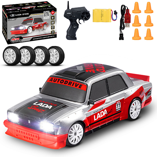 AUTODRIVE Р/У Машина для дрифта LADA 2105,М1:24,2.4GHz,4WD,свет фар,4 доп.колеса,конусы,с аккум.,цв. серебро/черн./красн..,в/к 20,5*13*13см в Джамбо Тойз