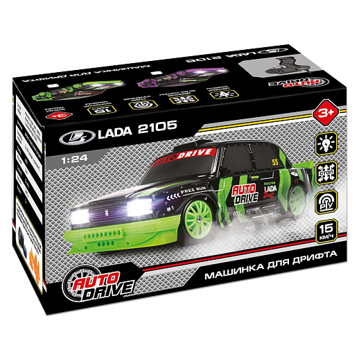 AUTODRIVE Р/У Машина для дрифта LADA 2105,М1:24,2.4GHz,4WD,свет фар,4 доп.колеса,конусы,2 аккум.,цв. черн/зелен.,в/к 24,1*10,3*23,7см в Джамбо Тойз #12
