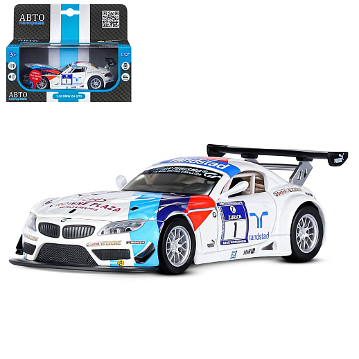 ТМ "Автопанорама" Машинка металлическая 1:32 BMW Z4 GT3, белый, свет, звук, откр. двери и капот, инерция, в/к 17,5*13,5*9 см в Джамбо Тойз