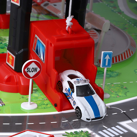AUTODRIVE Парковка "Пожарная" с автоматическим лифтом, светом,звуками,озвуч.на рус.языке. В компл: металлический транспорт 4шт., игровой коврик 78*58 см в Джамбо Тойз #12