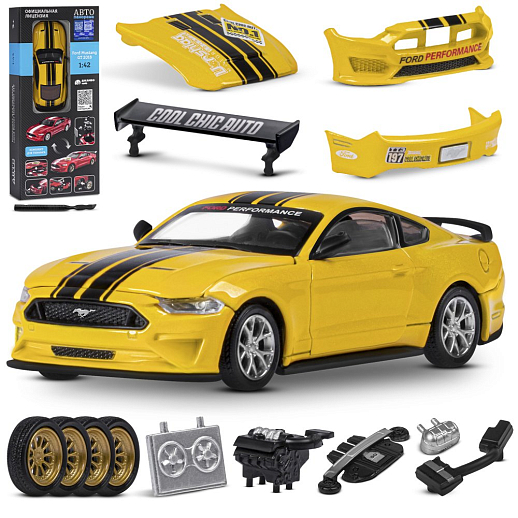 ТМ "Автопанорама" Машинка металлическая 1:43 Ford Mustang GT, желтый, тюнинг, откр. двери, свободный ход колес, в/к 23,5*10*4 см в Джамбо Тойз