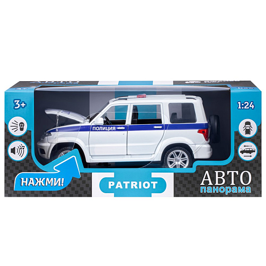 Машинка металлическая Автопанорама, инерционная, коллекционная модель УАЗ "PATRIOT" Полиция, масштаб 1:26, свет, звук, открываются 4 двери, капот, задняя дверка, белый, в/к 24,5*12,5*10,5 см в Джамбо Тойз #3