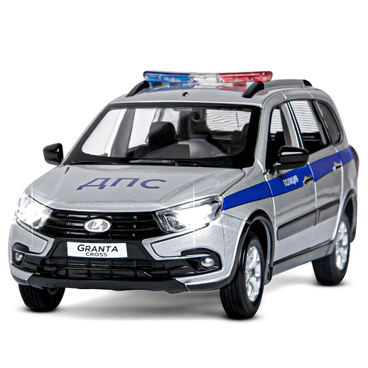 Машинка металлическая Автопанорама, инерционная, коллекционная модель LADA GRANTA CROSS "Полиция" масштаб 1:24, свет, звук, открываются 4 двери, капот, багажник,серебряный, в/к 24,5*12,5*10,5 см в Джамбо Тойз #4