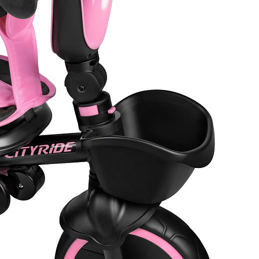 Детский 3хкол. велосипед ”CITYRIDE“ Рама сталь, наклонный руль из магнезия, колясочная крыша, ручка управления с подстаканником, 2 корзины. Колеса EVA 10/8, подножки, тормоза, бампер безопасности. Розово-черный в Джамбо Тойз #20