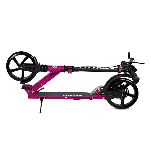2хкол. самокат CITYRIDE 200MM disk, ал. 100%. Аморт. передний/задний. Колеса PU 200/200 мм. Подшипники: Abec-9. Грипсы: резина. Хомуты анод., замок на руле. Ручной дисковый задний тормоз. Розовый в Джамбо Тойз #5