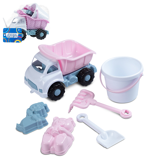 ТМ "Компания Друзей" Грузовик с песочн. Набором розово-голубой  (в комп. лопатка и грабли 14,5 см, ведро 0,4 л., 2 формочки) 19,5 х 12 х 11 см в Джамбо Тойз