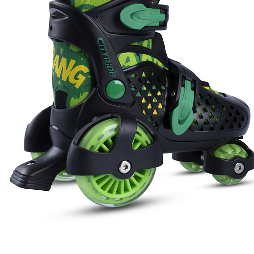 Набор CITYRIDE роликовые коньки-квады, шлем, защита, пластиковый мысок, колёса PU 80 и 40 мм, подшипники ABEC 5 углеродистая сталь, шлем белый пенополистирол, защита текстиль с пластиковыми накладками, 5 конусов в комплекте, вес до 40 кг, чёрный-зелёный, в н-сумке в Джамбо Тойз #5