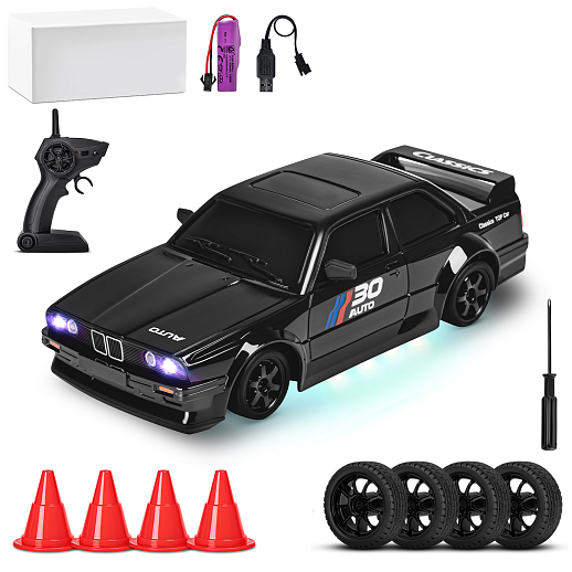 Р/у машинка для дрифта М1:24,2.4GHz,4WD,сменные шины 4шт., конусы 4шт.,свет,с аккум.,цвет черный,в/к 22,4х14,5х10,8см в Джамбо Тойз