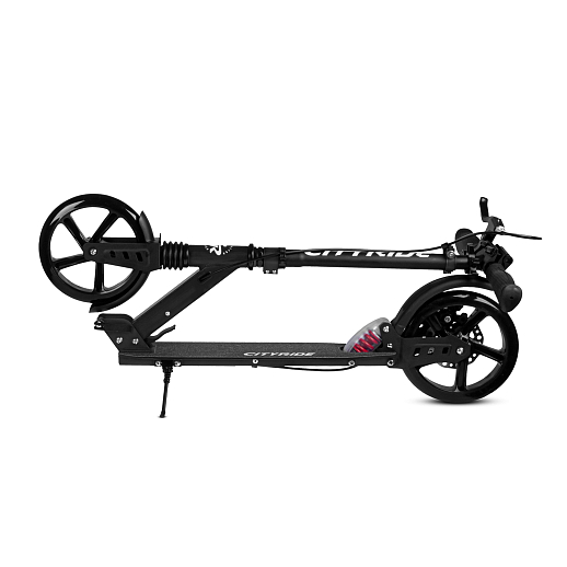 2хкол. самокат CITYRIDE 200MM disk, ал. 100%. Аморт. передний/задний. Колеса PU 200/200 мм. Подшипники: Abec-9. Грипсы: резина. Хомуты анод., замок на руле. Ручной дисковый задний тормоз. Черный в Джамбо Тойз #5
