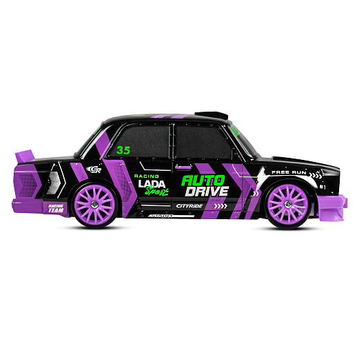 AUTODRIVE Р/У Машина для дрифта LADA 2105,М1:24,2.4GHz,4WD,свет фар,4 доп.колеса,конусы,с аккум.,цв. черный с фиолет.акцентами,в/к 24*10,3*23,7см в Джамбо Тойз #4
