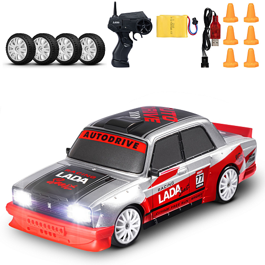 AUTODRIVE Р/У Машина для дрифта LADA 2105,М1:24,2.4GHz,4WD,свет фар,4 доп.колеса,конусы,с аккум.,цв. серебристый с красн.акцентами,в/к 24*10,3*23,7см в Джамбо Тойз #11