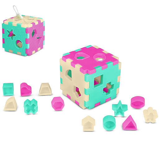 ТМ "Компания Друзей" Сортер КУБ, в сетке  розово-бирюзово-молочный, в сетке 10,5х10,5х10,5 см в Джамбо Тойз