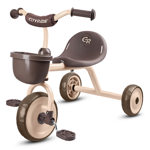 Детский трехколесный велосипед "CR" на пласт. колесах 8,5"/7 в/к.Корзинка спереди, мягкий бампер.  Цвет: коричневый в Джамбо Тойз
