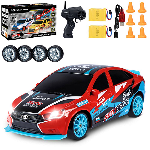 AUTODRIVE Р/У Машина для дрифта Lada Vesta,М1:24,2.4GHz,4WD,свет фар,4 доп.колеса,конусы,в компл. 2 аккум.,USB кабель,цвет красн.,в/к 24,1*10,3*23,7см в Джамбо Тойз