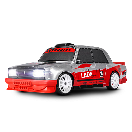 AUTODRIVE Р/У Машина для дрифта LADA 2105,М1:24,2.4GHz,4WD,свет фар,4 доп.колеса,конусы,с аккум.,цв. серебристый с красн.акцентами,в/к 24*10,3*23,7см в Джамбо Тойз #4
