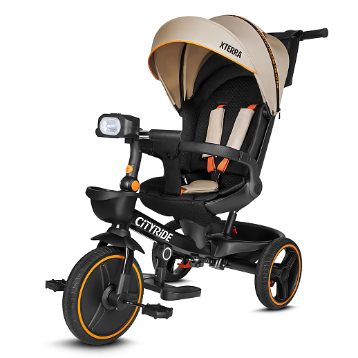 Трехколесные велосипед CITYRIDE, металл,  колеса PVC 12"/10", попрот. наколон. Сиденье с крышей,  род ручка, наклон руль, функц. фара, тормоз, корзинка в Джамбо Тойз #20