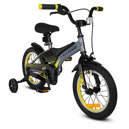 Детский велосипед "Cityride REVO", модель CR-B2-05, рама сталь, кожух цепи 100%, обода алюм. 14", втулки сталь, покрышки 2,125, страх. колеса, руль сталь. вынос сталь, задние ножные тормоза, передний клещевой, крылья пластик, отражатели пер/зад и на спицах, цвет серый - желтый в Джамбо Тойз