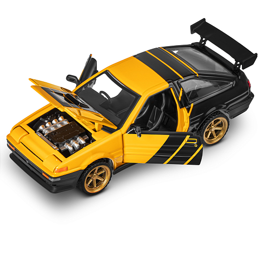 Машинка металлическая 1:37 Toyota Sprinter Trueno (AE86), желтый, тюнинг, откр. двери, свободный ход колес, в/к 23,5*10*4 см в Джамбо Тойз