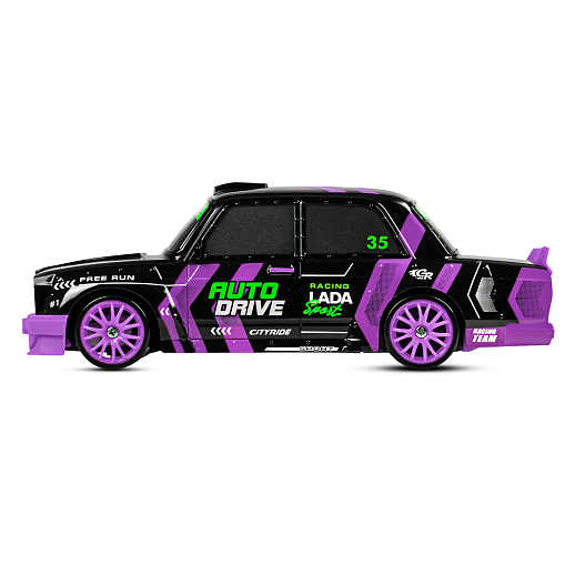 AUTODRIVE Р/У Машина для дрифта LADA 2105,М1:24,2.4GHz,4WD,свет фар,4 доп.колеса,конусы,с аккум.,цв. черный с фиолет.акцентами,в/к 24*10,3*23,7см в Джамбо Тойз #3
