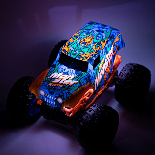Р/у Монстр-трак, перевертыш, 1:16, 4WD, 3D подсветка корпуса, гироскоп: может ездить на двух колесах, звук.эффекты, цвет голубой с оранжевым, с аккум., в/к 24*20*26 см в Джамбо Тойз #4