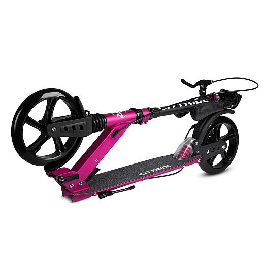 2хкол. самокат CITYRIDE 200MM disk, ал. 100%. Аморт. передний/задний. Колеса PU 200/200 мм. Подшипники: Abec-9. Грипсы: резина. Хомуты анод., замок на руле. Ручной дисковый задний тормоз. Розовый в Джамбо Тойз #6