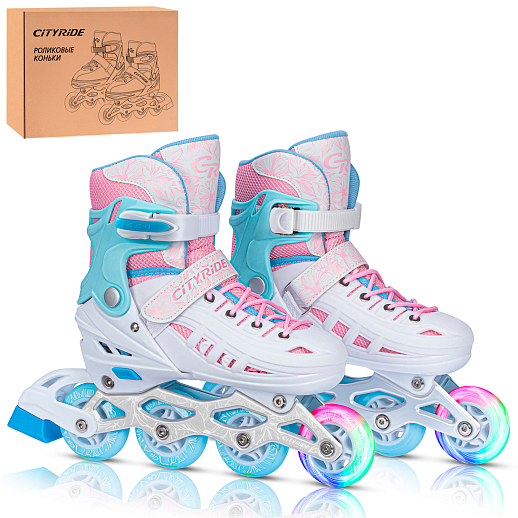Роликовые коньки CITYRIDE, белый-розовый, PU колеса, переднее колесо со светом, подшипники ABEC 7, пластиковый мысок, в/к 5сл гофорокартон в Джамбо Тойз