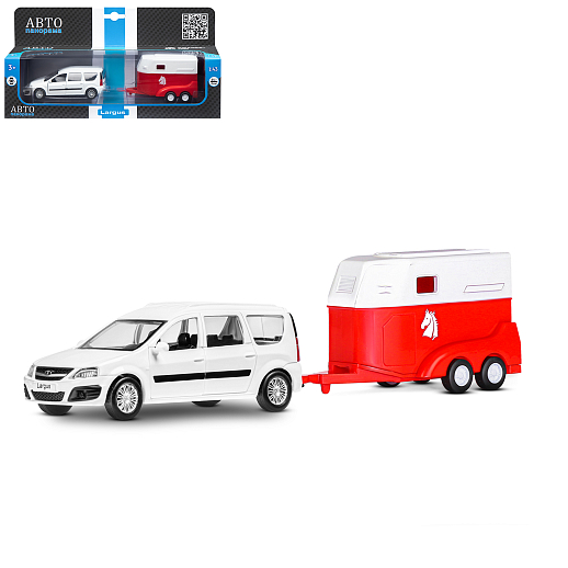ТМ "Автопанорама" Машинка металлическая 1:43, LADA LARGUS белая, откр. 2 двери., инерция + прицеп для лошади в Джамбо Тойз