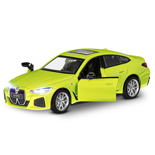 Машинка металлическая 1:34 BMW I4 M50 с зарядной станцией, желтый, свет, звук, откр. двери и капот, инерция, в/к 20,6*9,*9 см в Джамбо Тойз #3