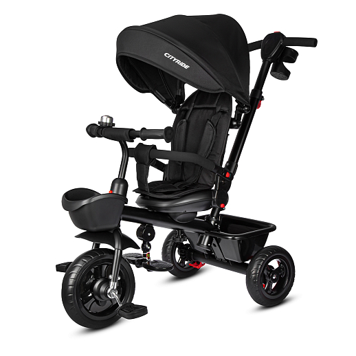 Детский 3хкол. велосипед ”CITYRIDE“ Рама сталь, колясочная крыша, ручка управления с подстаканником, корзина. Колеса EVA 10/8, подножки-педали. Бампер безопасности. Тормоз на задних колесах. Черный в Джамбо Тойз