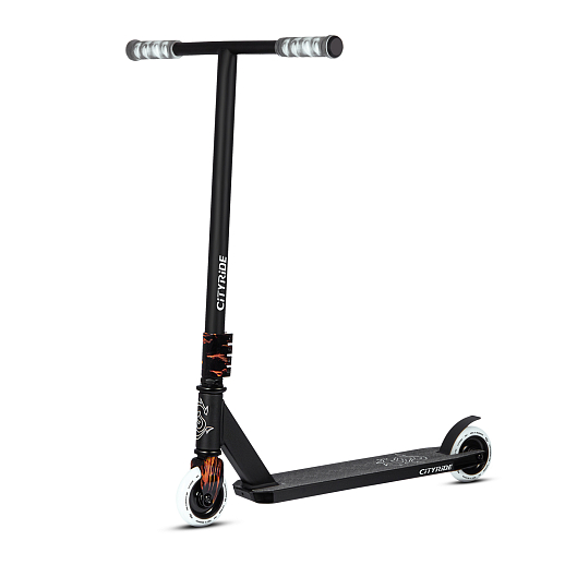 Трюковый самокат CITYRIDE, T-bar сталь 50*53см, дека алюм.48*10см, колеса PU 86A 100мм, пластик диск, вилка резьб., хомут 4б., цвет черный/огонь  в Джамбо Тойз #9