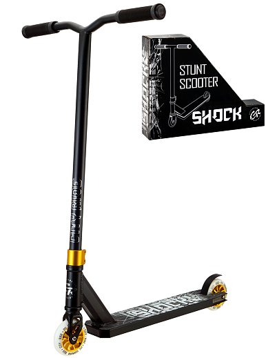 Трюковый самокат CITYRIDE SHOCK. Стальной руль 50х50 см, алюминиевая дека 50х10 см, алюминиевый хомут 2 болта, компрессия HIC. Колеса PU 100 мм, подшипник Abec-9, золото в Джамбо Тойз