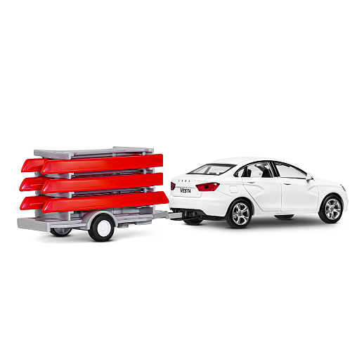 ТМ "Автопанорама" Машинка металлическая 1:43, LADA VESTA белая, откр. 2 двери., инерция + прицеп с лодками в Джамбо Тойз #9