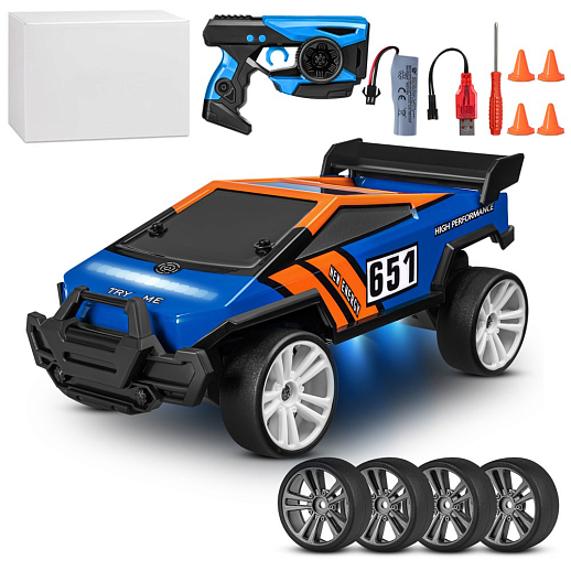 Р/у скоростная машина для дрифта,1:18,подсветка корпуса и днища, запасн. колеса, конусы 4шт.,цвет синий,с аккум, в/к 34*20,5*17,5см в Джамбо Тойз