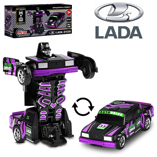 AUTODRIVE_LADA 2105_машинка-робот фрикционная,13,5см,одной кнопкой трансформируется в робота,чёрн.со спорт.принтом,в/к 13,5*6,5*5,5 см в Джамбо Тойз