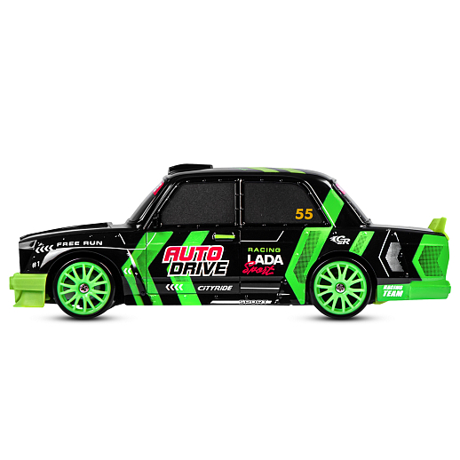 AUTODRIVE Р/У Машина для дрифта LADA 2105,М1:24,2.4GHz,4WD,свет фар,4 доп.колеса,конусы,с аккум.,цв. черный с зелеными акцентами,в/к 24*10,3*23,7см в Джамбо Тойз #3
