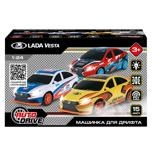 AUTODRIVE Р/У Машина для дрифта Lada Vesta,М1:24,2.4GHz,4WD,свет фар,4 доп.колеса,конусы,в компл. 2 аккум.,USB кабель,цвет триколор,в/к 24,1*10,3*23,7см в Джамбо Тойз #2