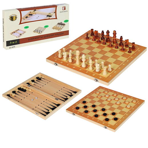 Настольная игра "3в1 - Шахматы, шашки, нарды", дерево, размер доски 39х39 см, в/к 39.7х20.3х4.5 см в Джамбо Тойз