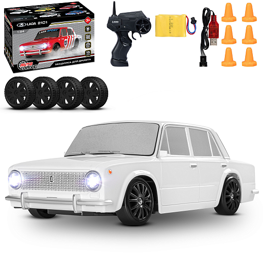 AUTODRIVE Р/У Машина для дрифта LADA 2101,М1:24,2.4GHz,4WD,свет фар,4 доп.колеса,конусы,с аккум.,цв. белый,в/к 20,5*13*13см в Джамбо Тойз