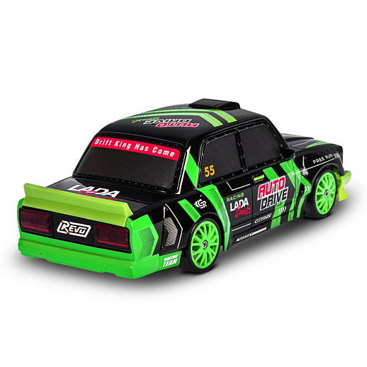AUTODRIVE Р/У Машина для дрифта LADA 2105,М1:24,2.4GHz,4WD,свет фар,4 доп.колеса,конусы,с аккум.,цв. черный с зелеными акцентами,в/к 24*10,3*23,7см в Джамбо Тойз #5