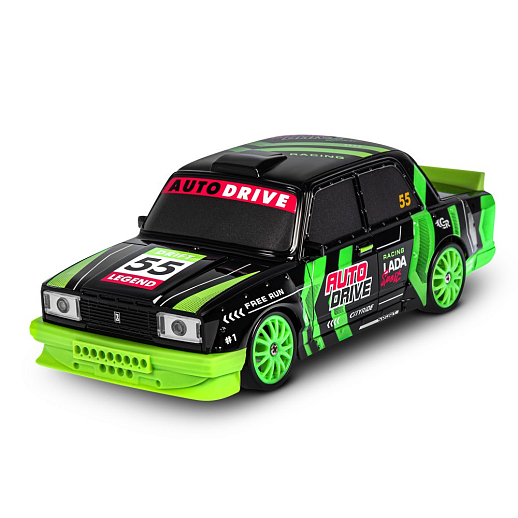 AUTODRIVE Р/У Машина для дрифта LADA 2105,М1:24,2.4GHz,4WD,свет фар,4 доп.колеса,конусы,с аккум.,цв. черный с зелеными акцентами,в/к 24*10,3*23,7см в Джамбо Тойз #6