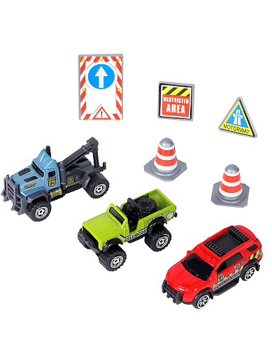AUTODRIVE Набор металлических машинок, Городская техника 3шт с дорожными знаками (внедорожник, эвакуатор, открытый внедорожник) в/к 23*17,5*4см. в Джамбо Тойз #2