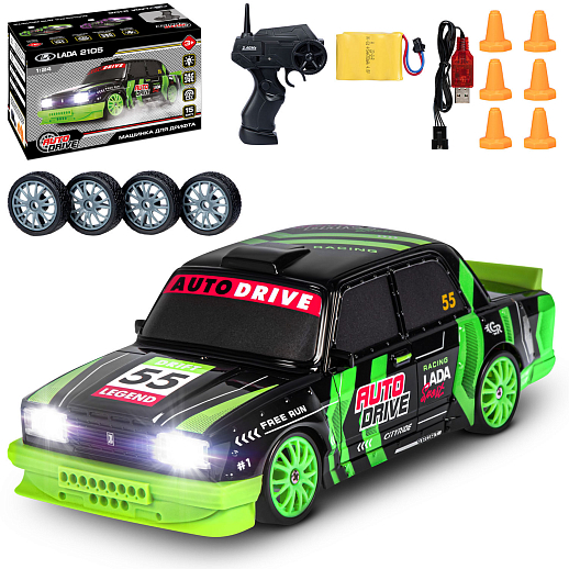 AUTODRIVE Р/У Машина для дрифта LADA 2105,М1:24,2.4GHz,4WD,свет фар,4 доп.колеса,конусы,с аккум.,цв. черн/зелен.,в/к 20,5*13*13см в Джамбо Тойз