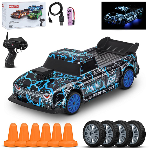 Р/У Машина для дрифта с 3D подсветкой кузова,М1:24,2.4GHz,4WD,4 доп.колеса,конусы 6шт,с аккум.,цв.синий,в/к 20,7*12,2*12,8см в Джамбо Тойз