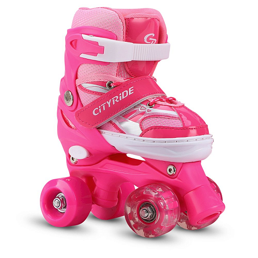 Комплект (ролики-квады, защита, шлем), передние колеса со светом, M размер (34-38),  цвет розовый в/к в Джамбо Тойз #14