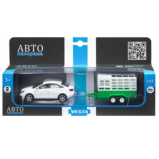 ТМ "Автопанорама" Машинка металлическая 1:43, LADA VESTA белая, откр. 2 двери., инерция + сельхозприцеп в Джамбо Тойз #4