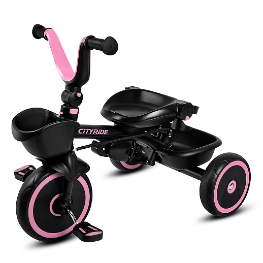 Детский 3хкол. велосипед ”CITYRIDE“ Рама сталь, наклонный руль из магнезия, колясочная крыша, ручка управления с подстаканником, 2 корзины. Колеса EVA 10/8, подножки, тормоза, бампер безопасности. Розово-черный в Джамбо Тойз #8