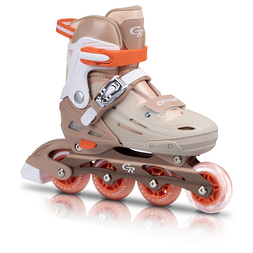Роликовые коньки CITYRIDE, PU колеса, алюминиевая рама, переднее колесо со светом, подшипники ABEC 7, пластиковый мысок, бежевый-оранжевый, в/к 5сл гофорокартон в Джамбо Тойз #10