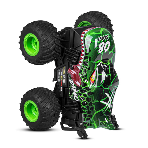 Р/у монстр-трак Динозавр, перевертыш, 1:20, 2.4GHz, 3D подсветка корпуса, музыка, демо-режим, цвет зеленый, с аккум.,  в/к 21,5*19*23 см в Джамбо Тойз #6