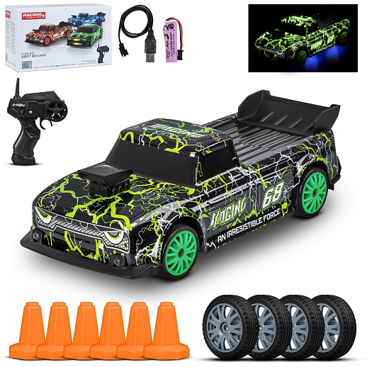 Р/У Машина для дрифта с 3D подсветкой кузова,М1:24,2.4GHz,4WD,4 доп.колеса,конусы 6шт,с аккум.,цв.зеленый,в/к 20,7*12,2*12,8см в Джамбо Тойз