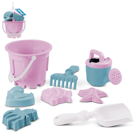 ТМ "Компания Друзей" Песочный набор №93 ярко-розовый-темно-серый(в комп. ведро 1,2 л, лопатка 20см, грабли  16см, 4 формочки 9 см, лейка 0,2 л) 22х18х18 см в Джамбо Тойз